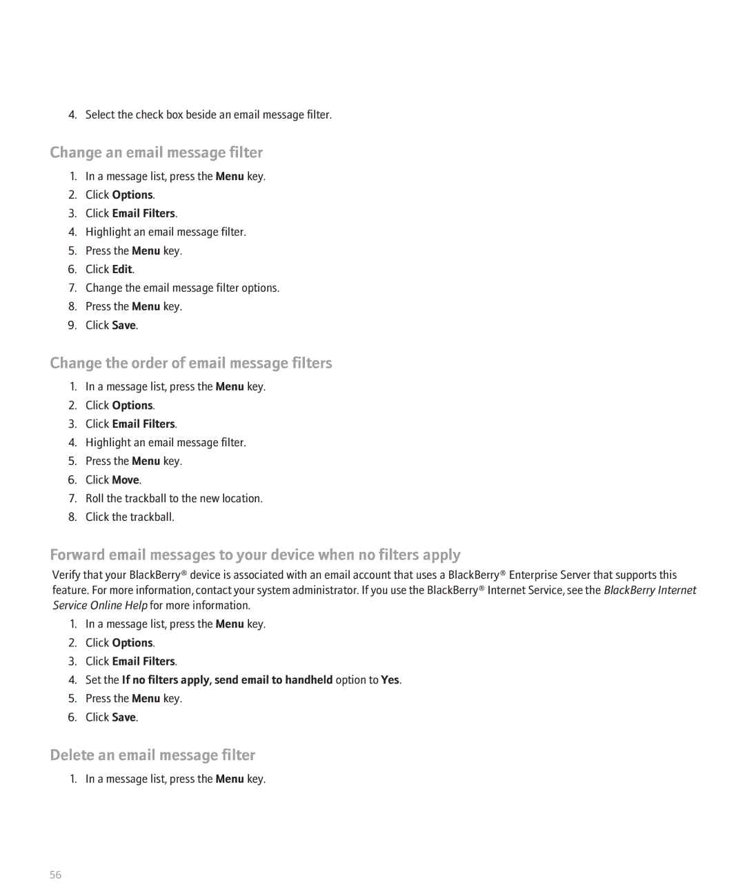 Blackberry 8320 Change an email message filter, Change the order of email message filters, Delete an email message filter 