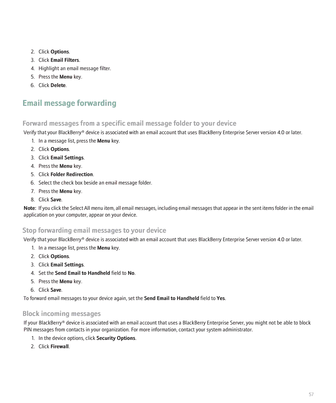 Blackberry 8320 manual Email message forwarding, Stop forwarding email messages to your device, Block incoming messages 