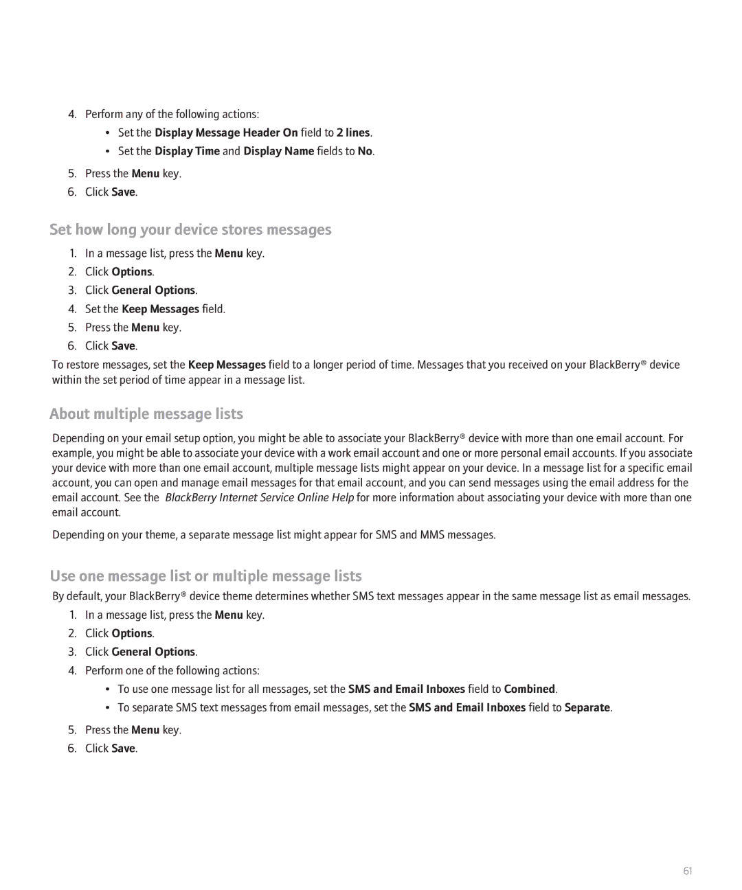 Blackberry 8320 manual Set how long your device stores messages, About multiple message lists 