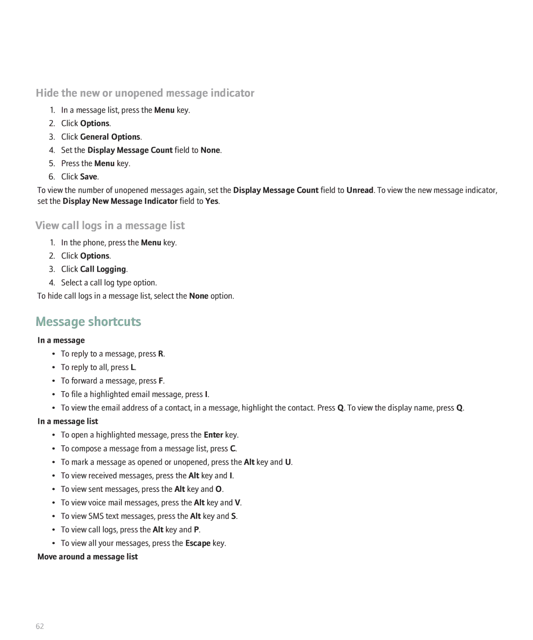 Blackberry 8320 manual Hide the new or unopened message indicator, View call logs in a message list 