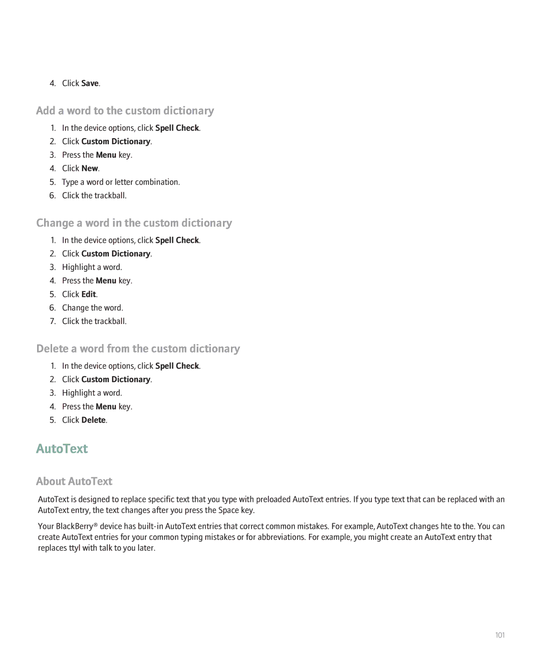 Blackberry 8330 manual Add a word to the custom dictionary, Change a word in the custom dictionary, About AutoText 
