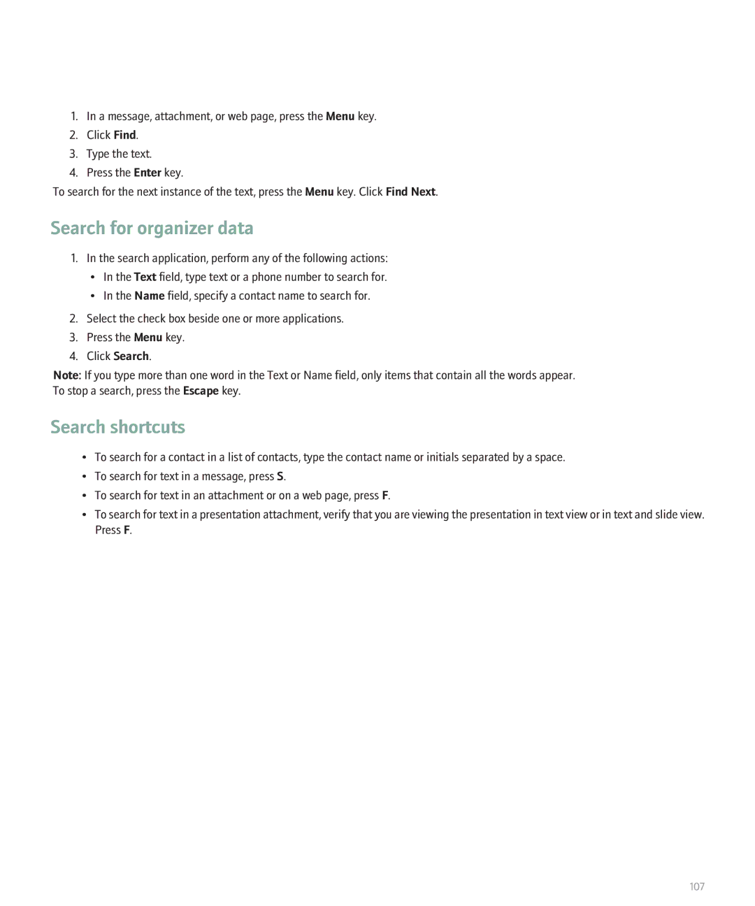 Blackberry 8330 manual Search for organizer data, Search shortcuts 