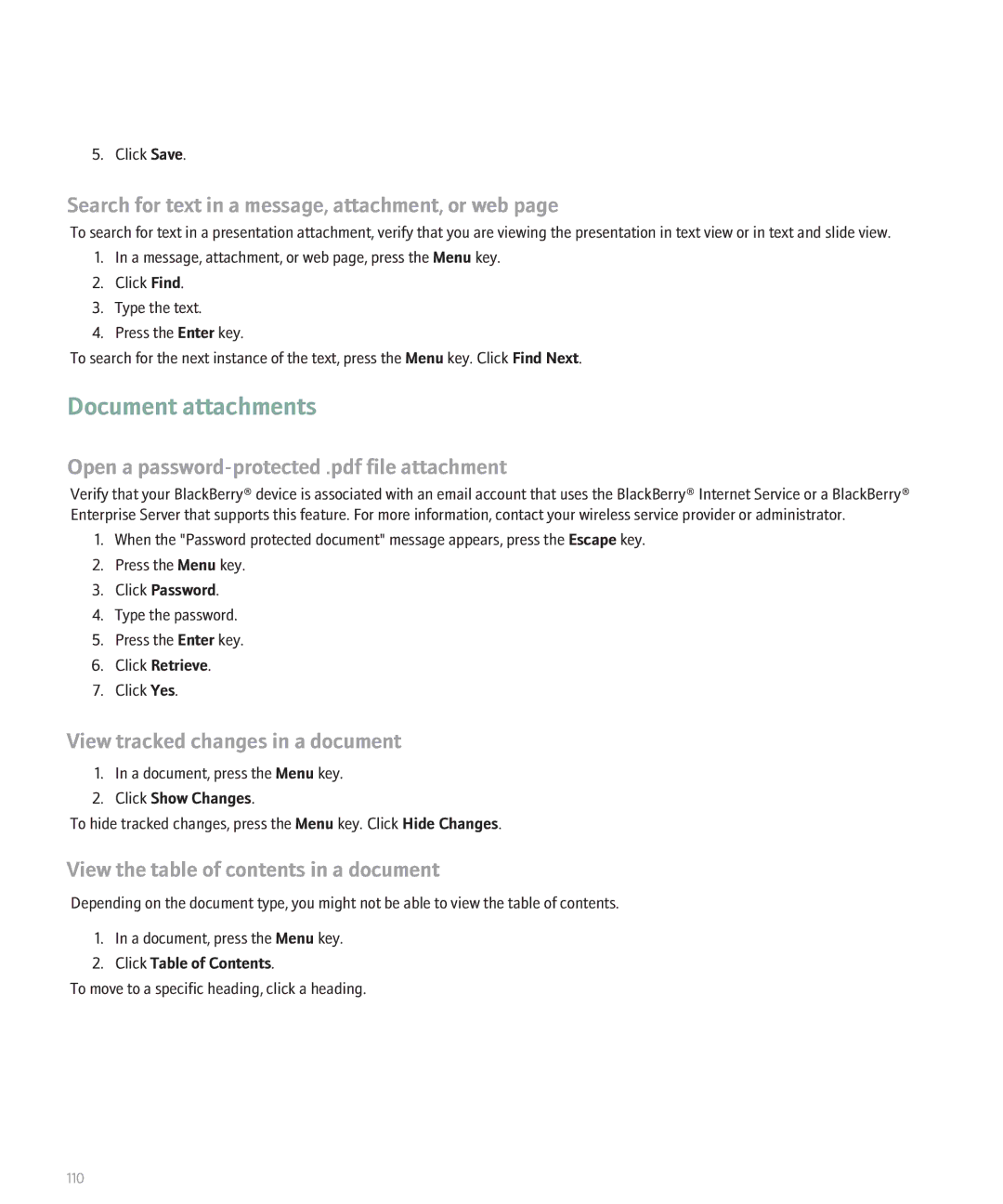 Blackberry 8330 manual Document attachments, View tracked changes in a document, View the table of contents in a document 