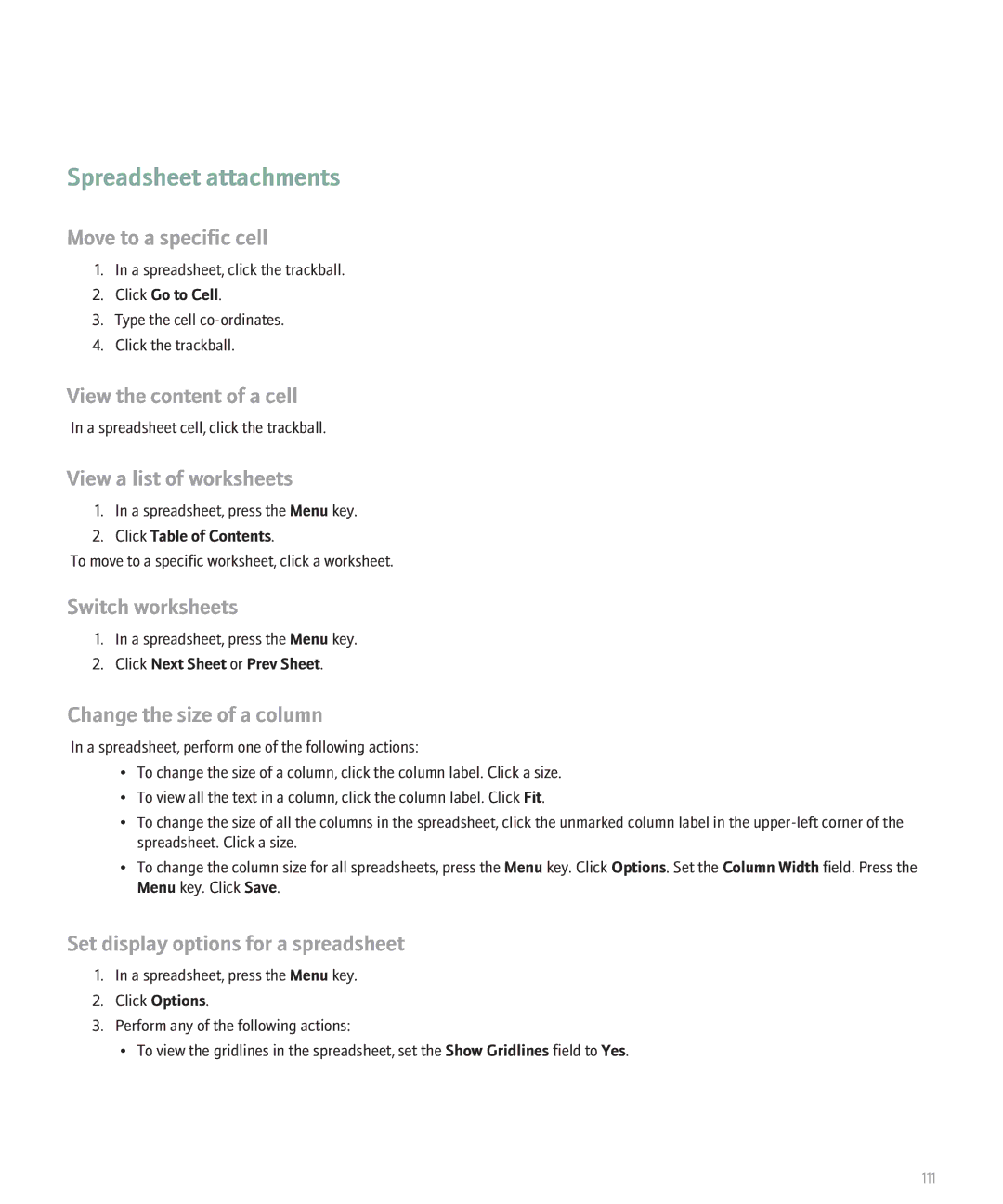 Blackberry 8330 manual Spreadsheet attachments 