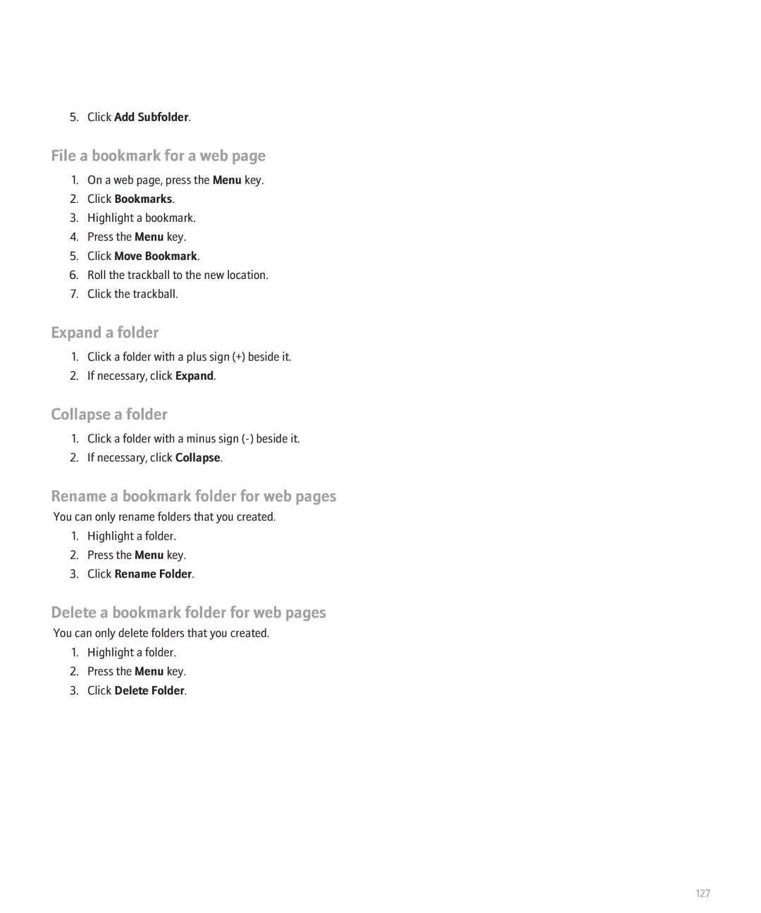 Blackberry 8330 File a bookmark for a web, Expand a folder, Collapse a folder, Rename a bookmark folder for web pages 