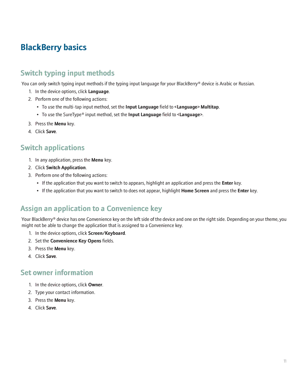 Blackberry 8330 manual BlackBerry basics, Switch typing input methods, Switch applications, Set owner information 