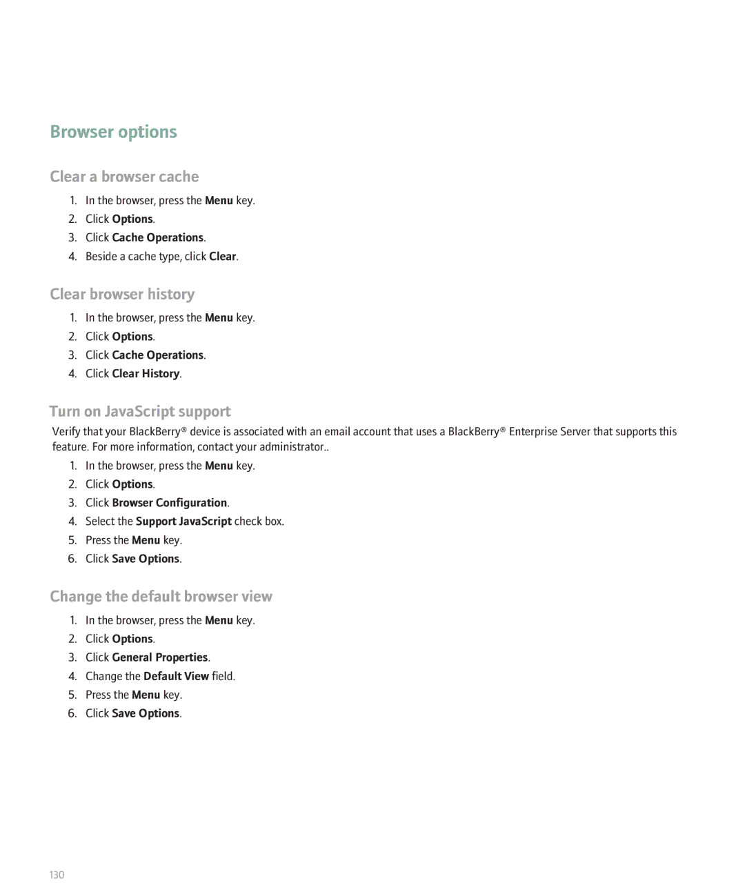 Blackberry 8330 manual Browser options, Clear a browser cache, Clear browser history, Turn on JavaScript support 