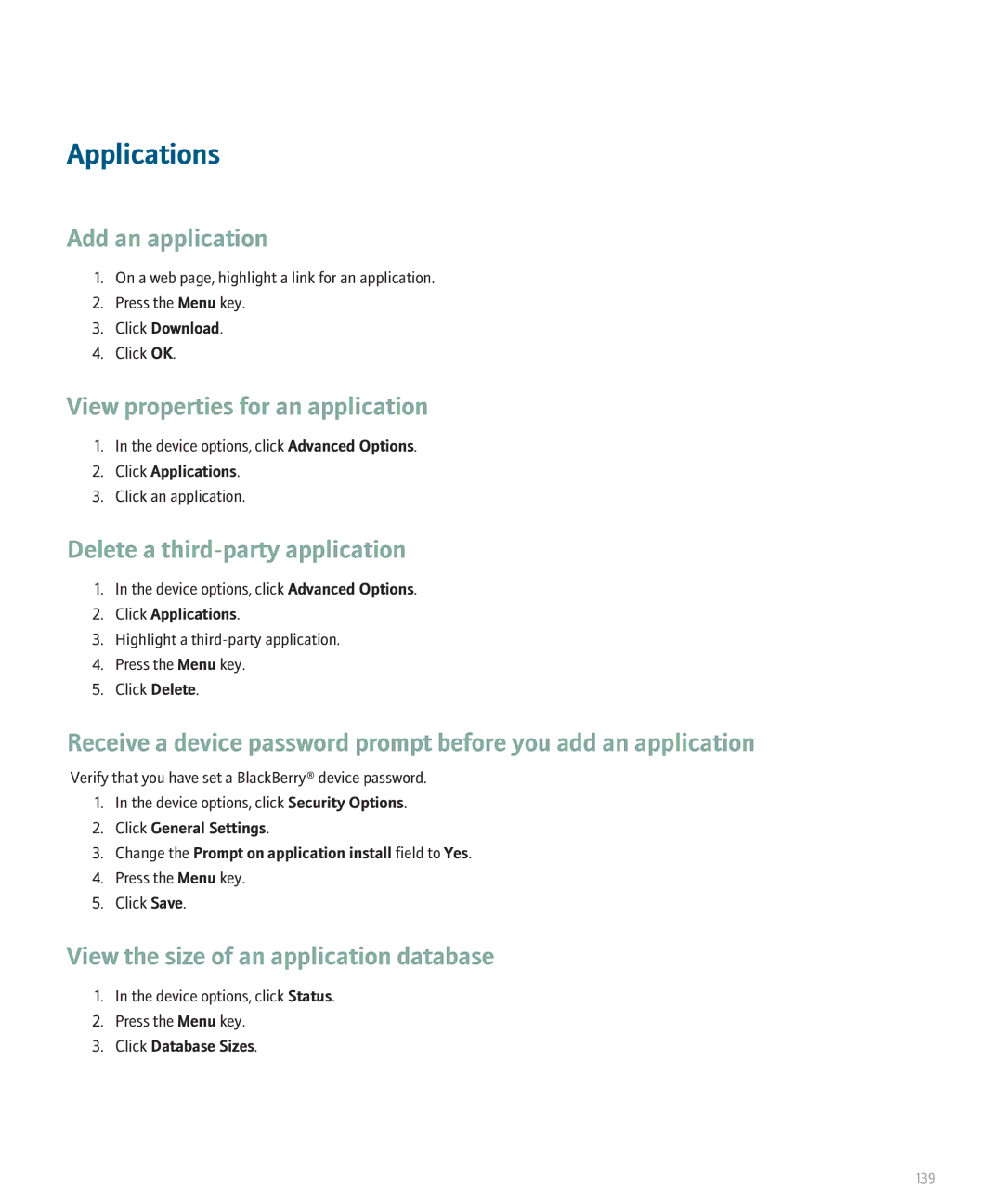 Blackberry 8330 Applications, Add an application, View properties for an application, Delete a third-party application 