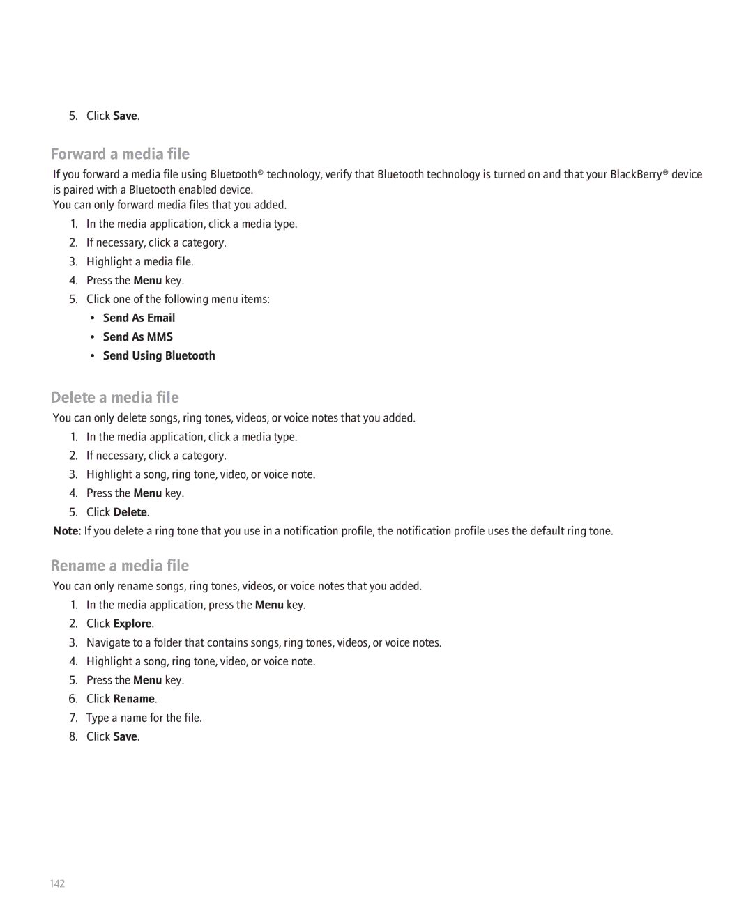 Blackberry 8330 manual Forward a media file, Delete a media file, Rename a media file 