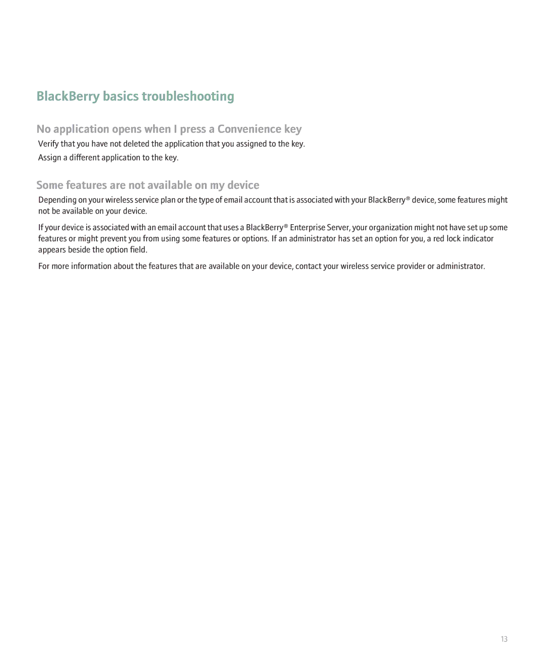 Blackberry 8330 manual BlackBerry basics troubleshooting, No application opens when I press a Convenience key 