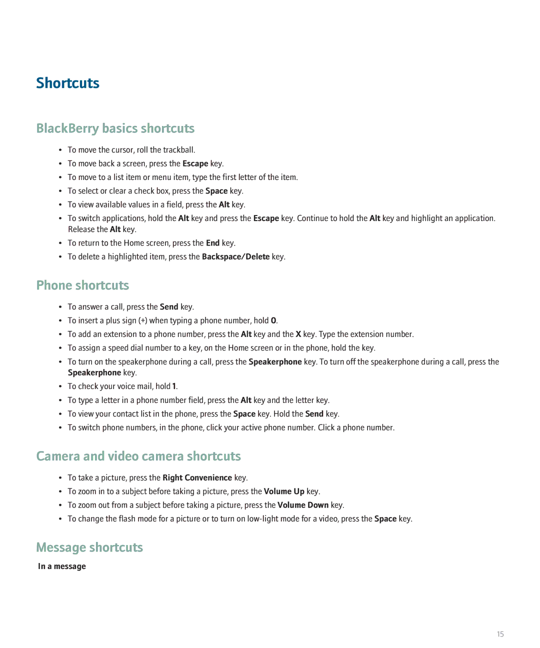 Blackberry 8330 manual Shortcuts, Phone shortcuts, Camera and video camera shortcuts, Message shortcuts, A message 