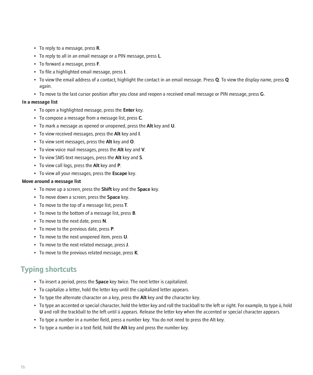 Blackberry 8330 manual Typing shortcuts, A message list, Move around a message list 