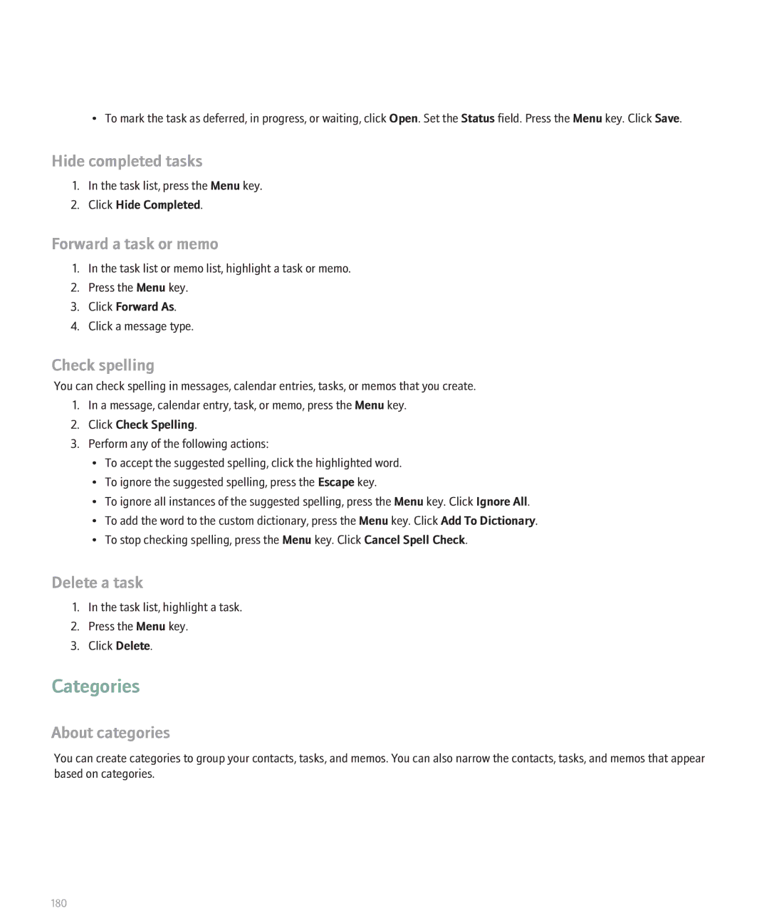 Blackberry 8330 manual Hide completed tasks, Forward a task or memo, Delete a task, Click Hide Completed, Click Forward As 