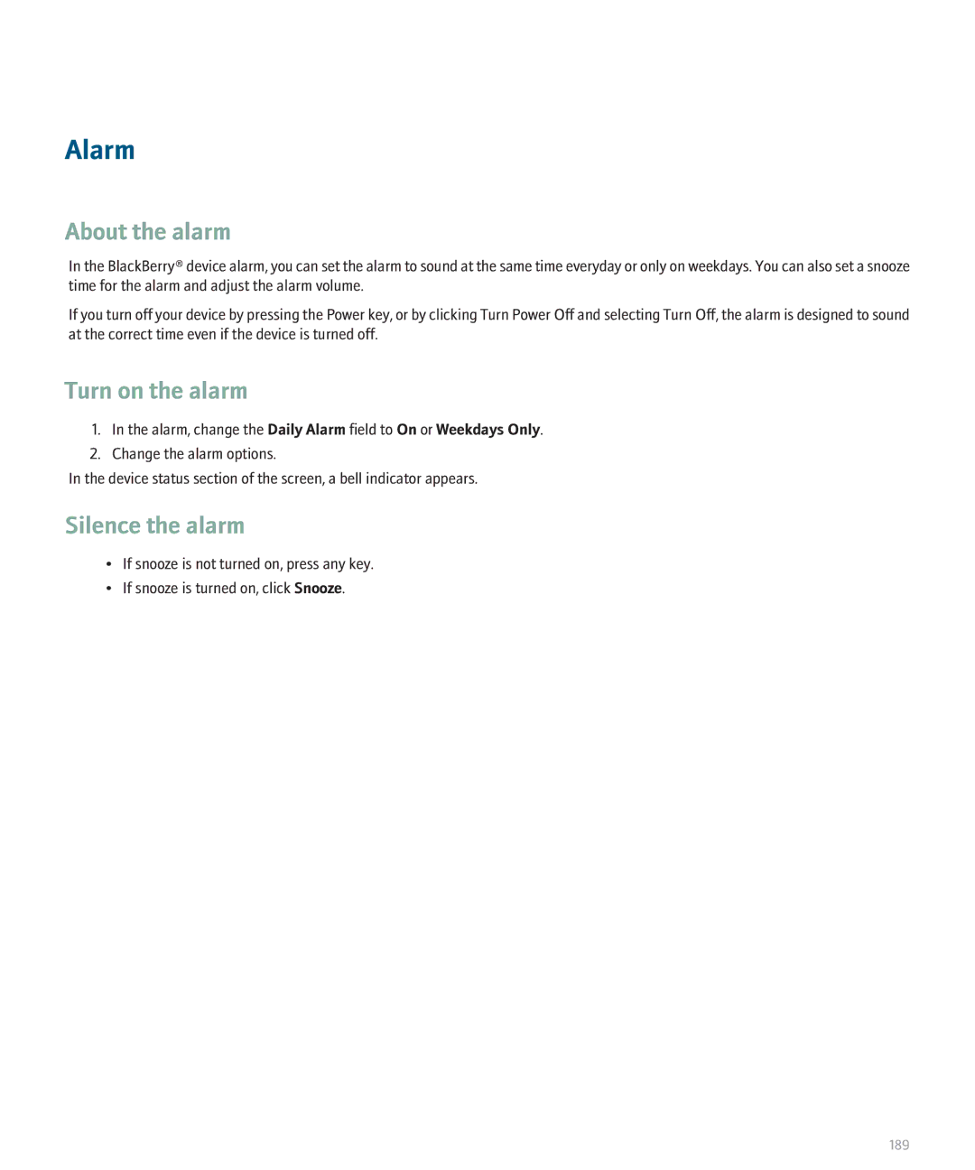 Blackberry 8330 manual Alarm, About the alarm, Turn on the alarm, Silence the alarm 
