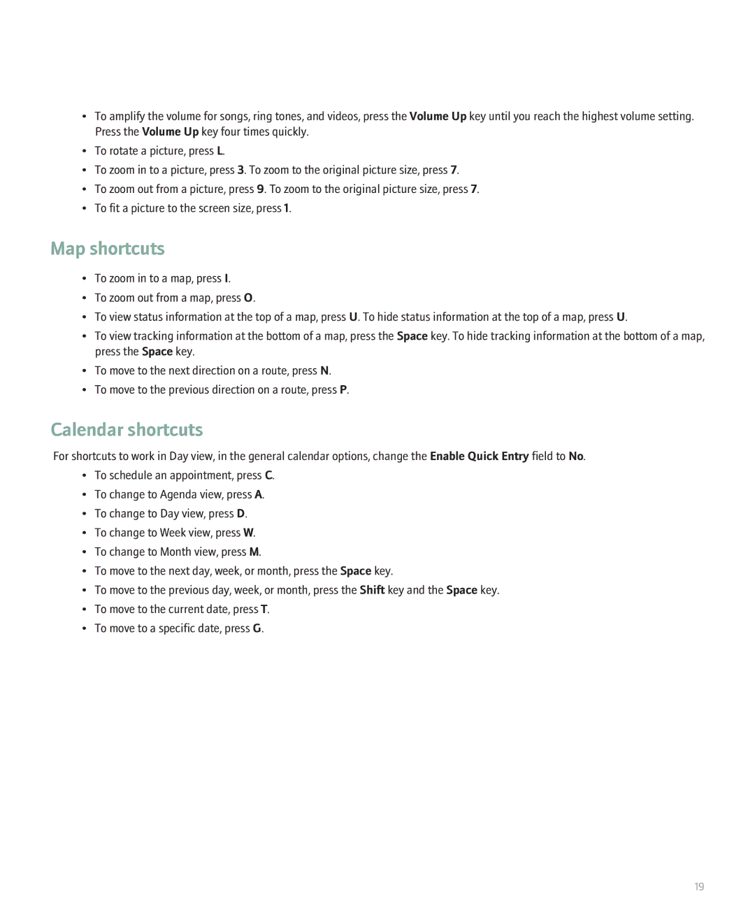 Blackberry 8330 manual Map shortcuts, Calendar shortcuts 