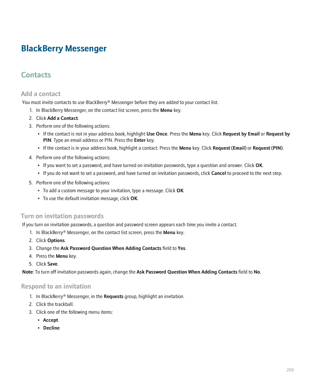Blackberry 8330 manual BlackBerry Messenger, Contacts, Turn on invitation passwords, Respond to an invitation 