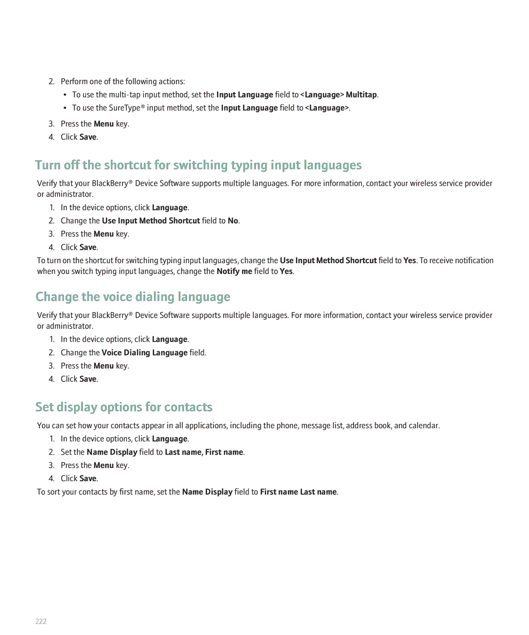 Blackberry 8330 manual Turn off the shortcut for switching typing input languages, Set display options for contacts 