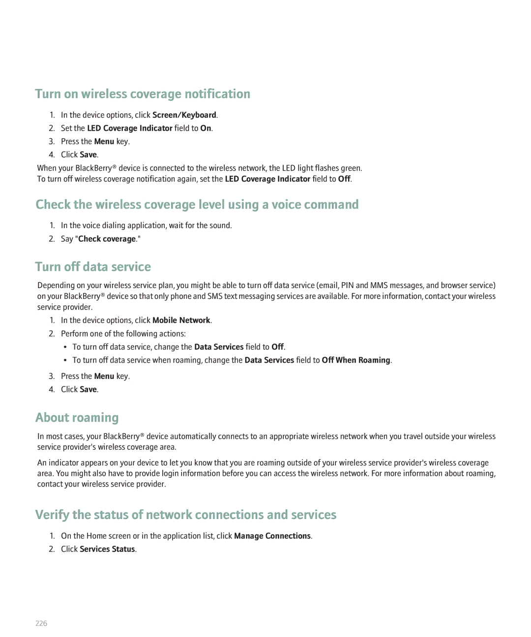 Blackberry 8330 manual Turn on wireless coverage notification, Turn off data service, About roaming, Click Services Status 