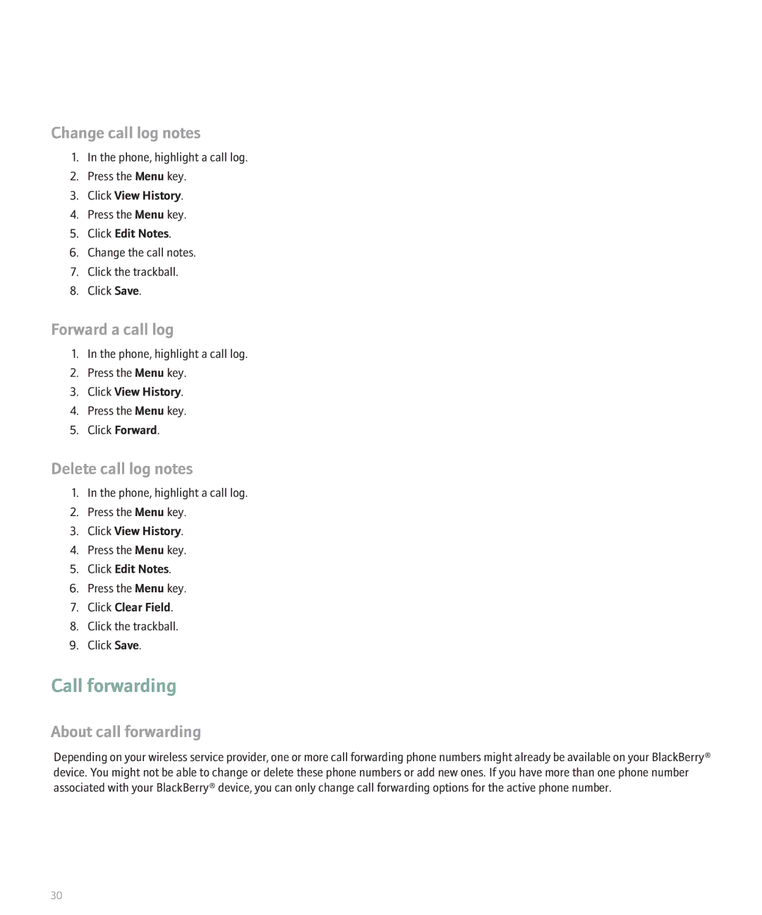 Blackberry 8330 Call forwarding, Change call log notes, Forward a call log, Delete call log notes, About call forwarding 
