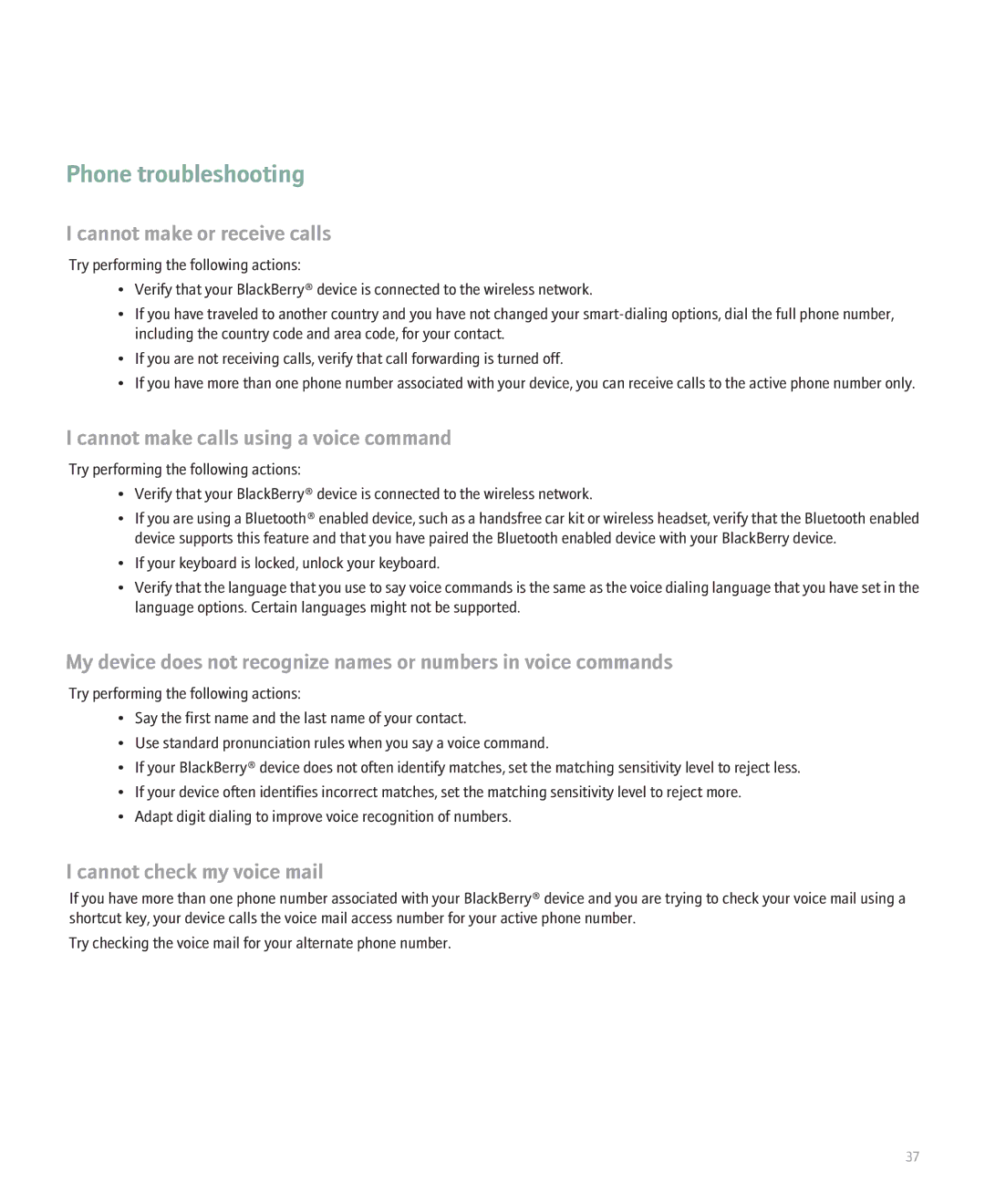 Blackberry 8330 manual Phone troubleshooting, Cannot make or receive calls, Cannot make calls using a voice command 