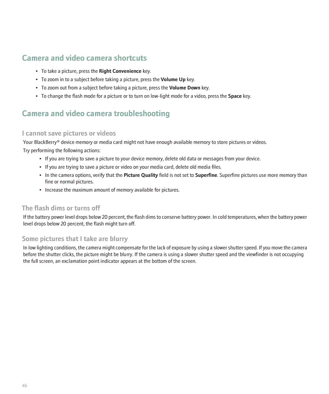 Blackberry 8330 manual Camera and video camera troubleshooting, Cannot save pictures or videos, Flash dims or turns off 