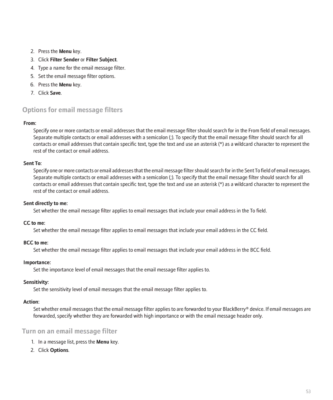 Blackberry 8330 manual Options for email message filters, Turn on an email message filter 