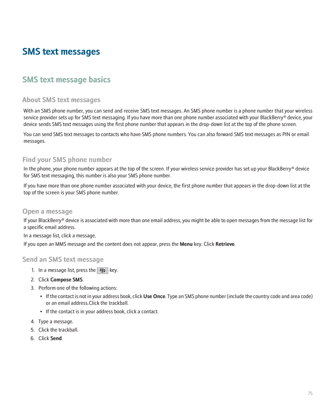 Blackberry 8330 SMS text message basics, About SMS text messages, Find your SMS phone number, Send an SMS text message 