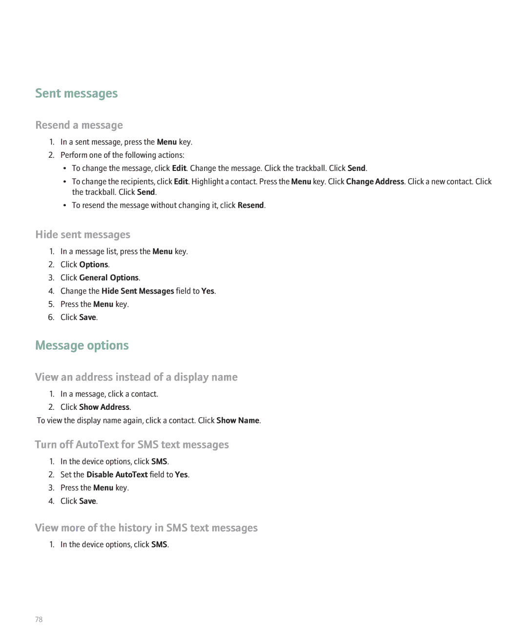 Blackberry 8330 manual Turn off AutoText for SMS text messages, View more of the history in SMS text messages 