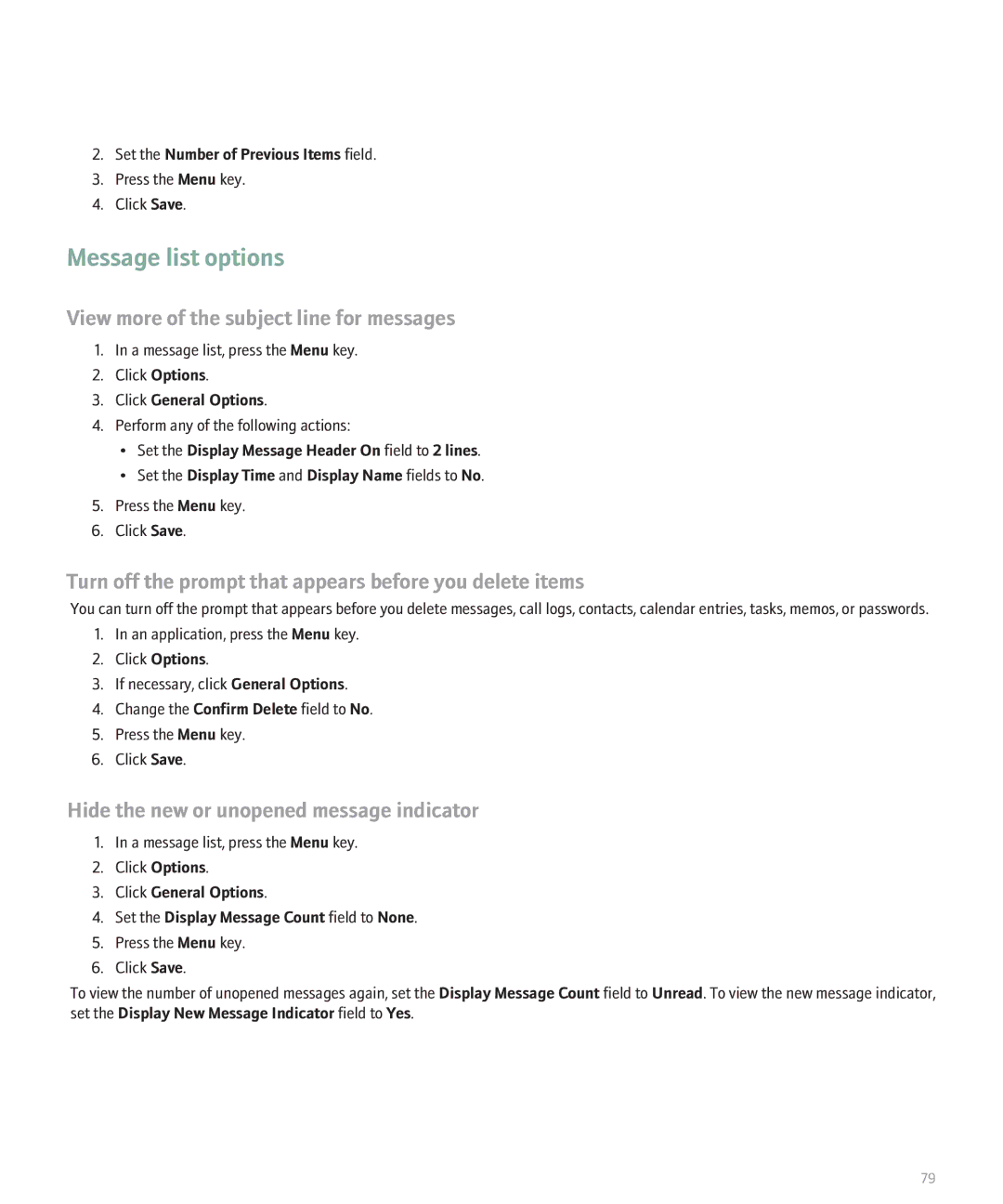 Blackberry 8330 manual Message list options, Set the Number of Previous Items field 