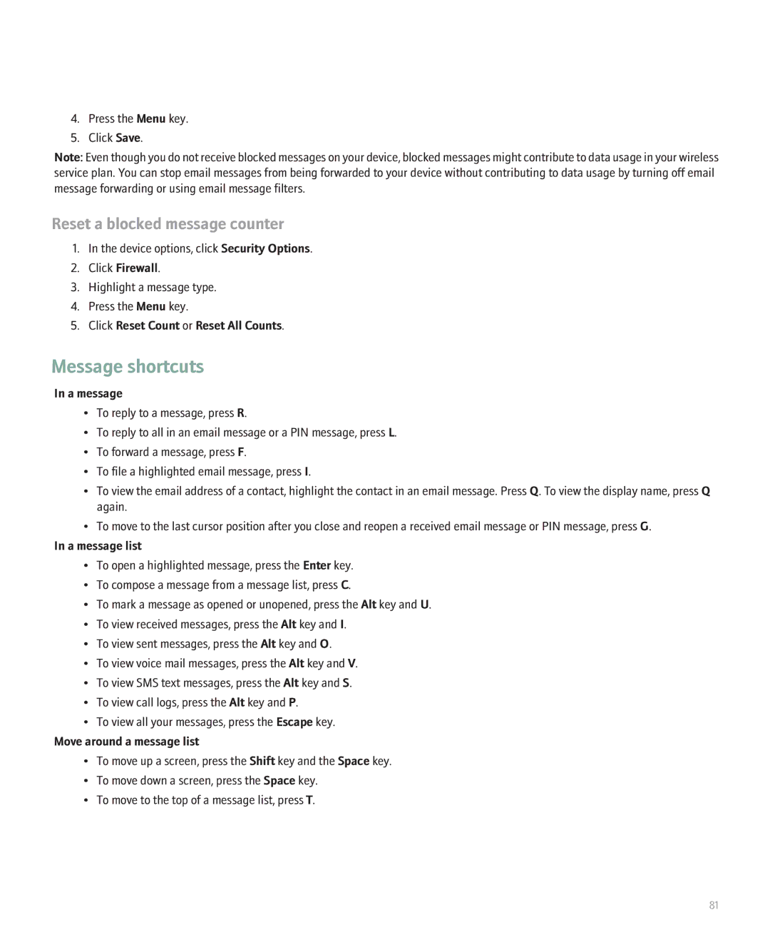 Blackberry 8330 manual Message shortcuts 