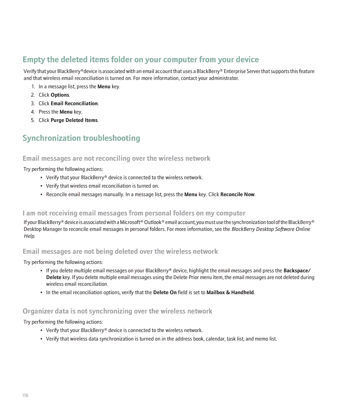 Blackberry 8330 manual Synchronization troubleshooting, Click Purge Deleted Items 