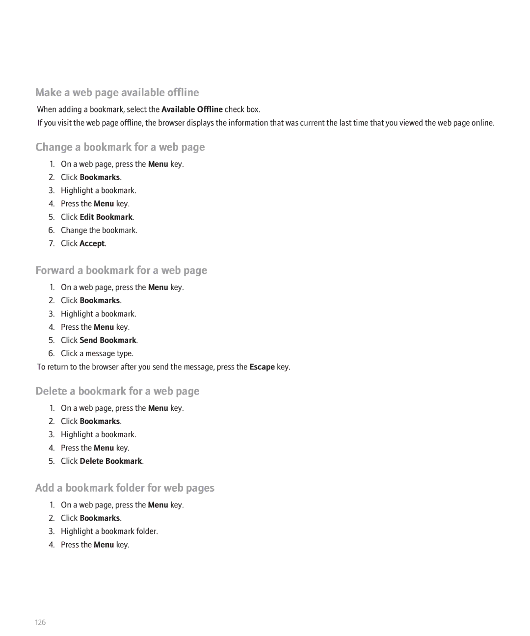Blackberry 8330 manual Make a web page available offline, Change a bookmark for a web, Forward a bookmark for a web 