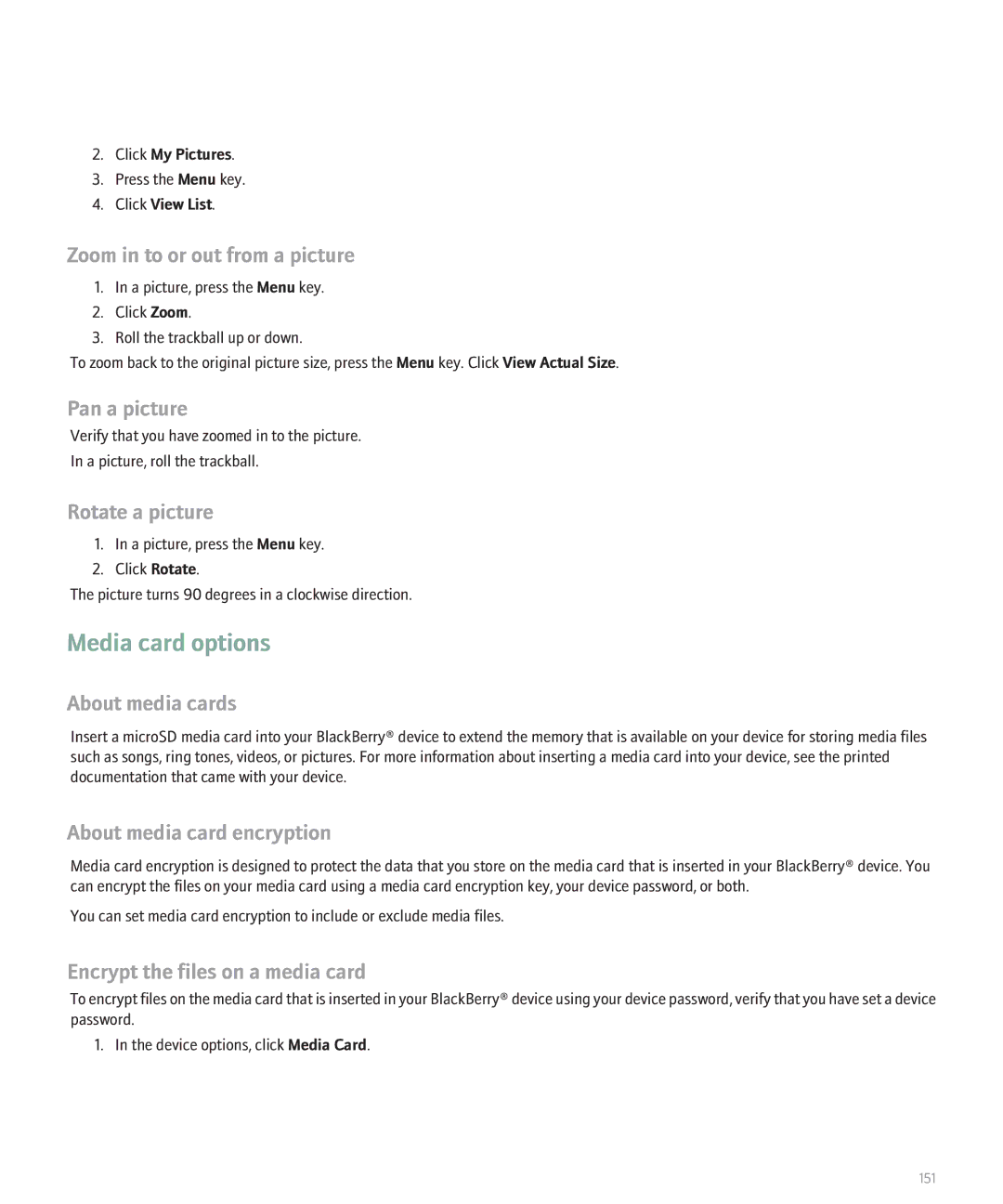 Blackberry 8330 manual Media card options, Pan a picture, About media cards, About media card encryption 