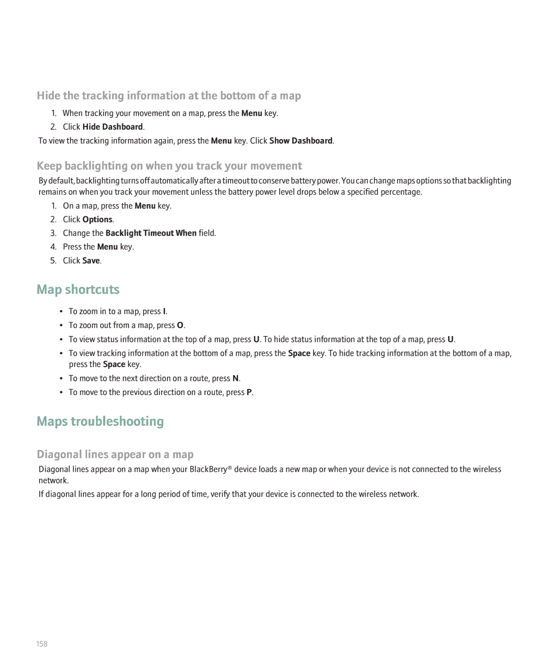 Blackberry 8330 Maps troubleshooting, Hide the tracking information at the bottom of a map, Diagonal lines appear on a map 
