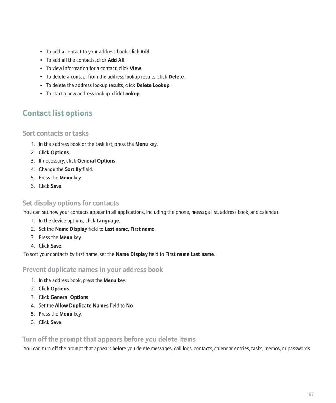 Blackberry 8330 manual Contact list options, Sort contacts or tasks, Set display options for contacts 