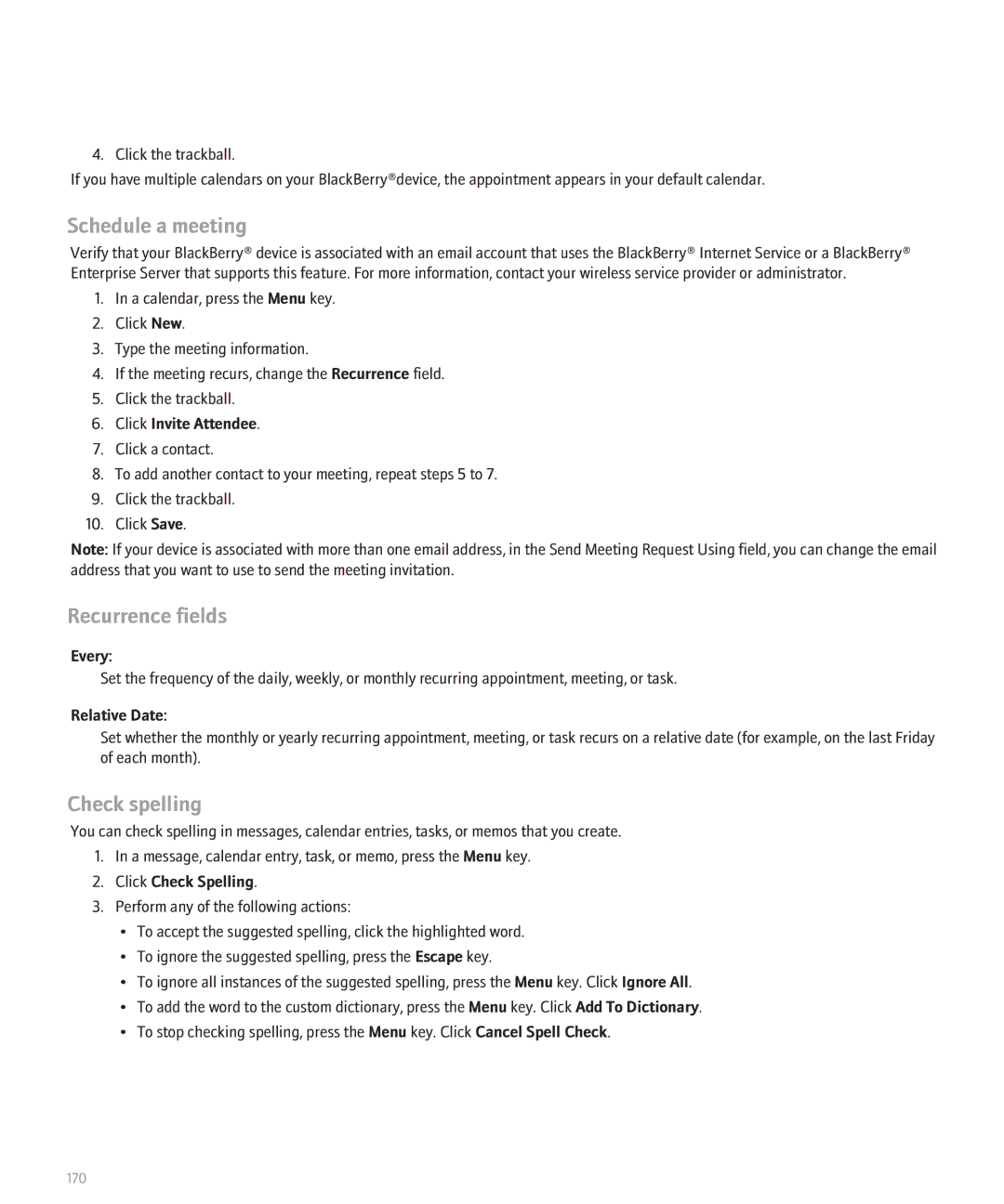 Blackberry 8330 manual Schedule a meeting, Recurrence fields, Click Invite Attendee, Every, Relative Date 