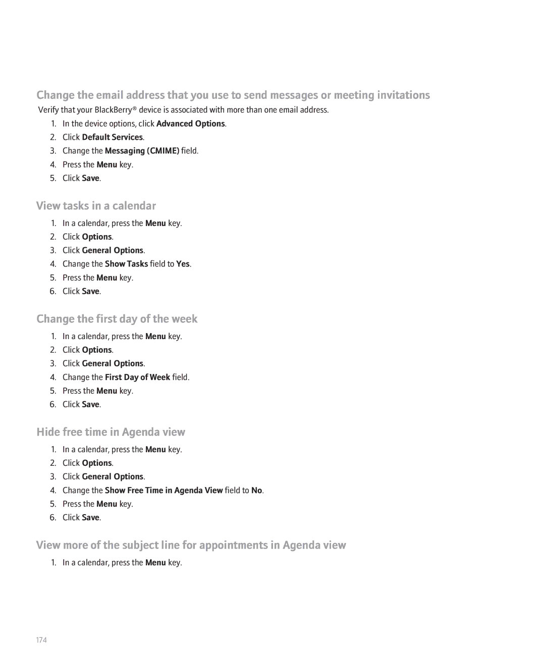 Blackberry 8330 manual View tasks in a calendar, Change the first day of the week, Hide free time in Agenda view 