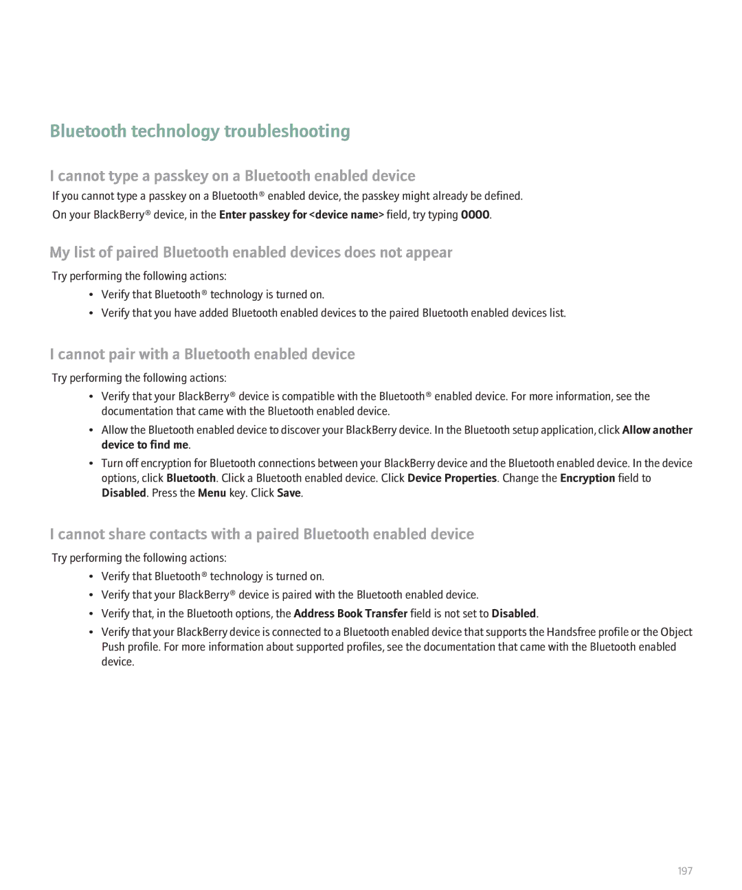 Blackberry 8330 manual Bluetooth technology troubleshooting, Cannot type a passkey on a Bluetooth enabled device 