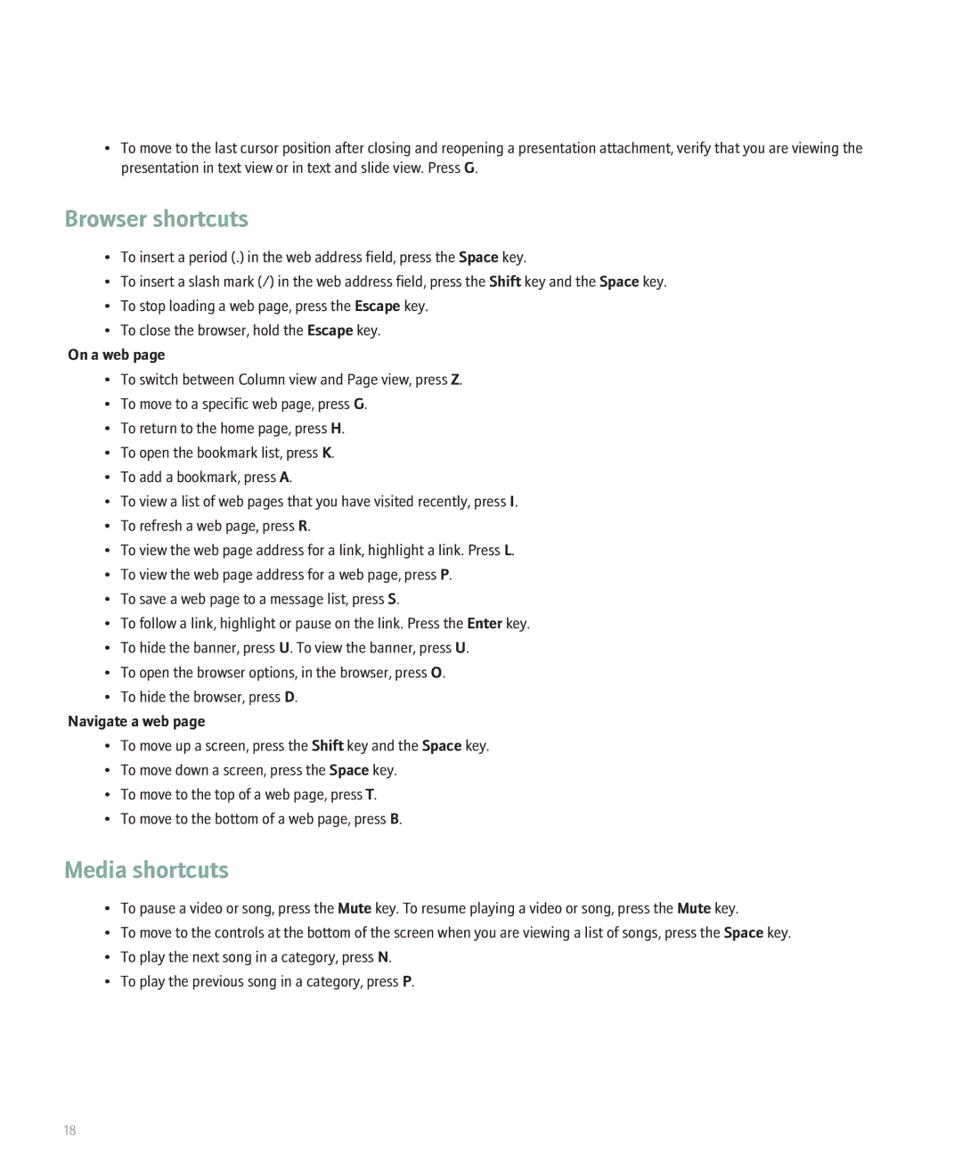Blackberry 8330 manual Browser shortcuts, Media shortcuts, On a web, Navigate a web 