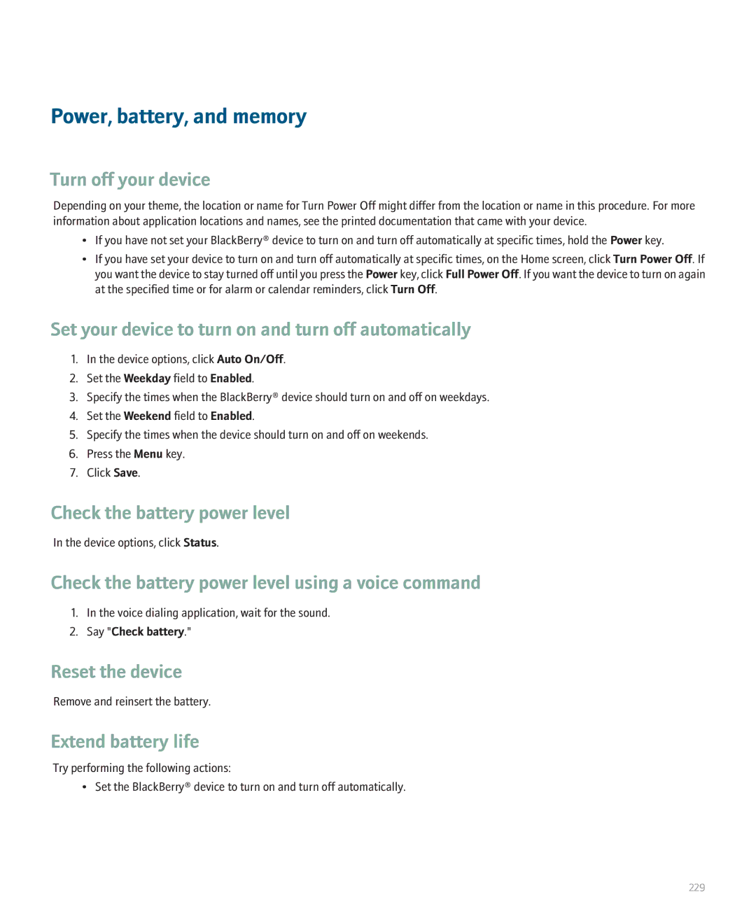 Blackberry 8330 manual Power, battery, and memory 