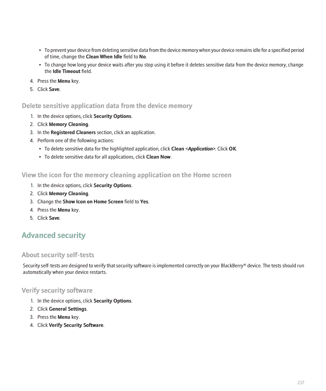 Blackberry 8330 Advanced security, Delete sensitive application data from the device memory, About security self-tests 
