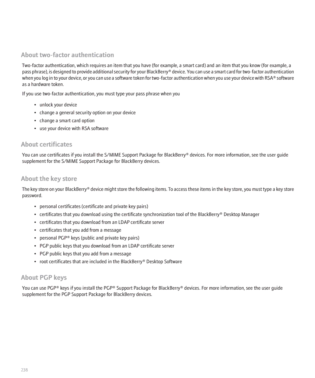 Blackberry 8330 manual About two-factor authentication, About certificates, About the key store, About PGP keys 