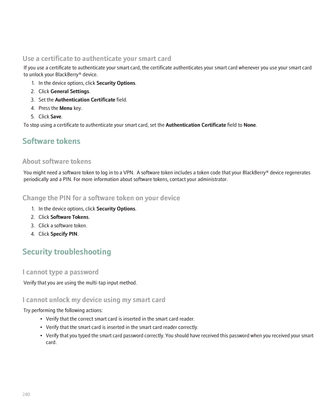 Blackberry 8330 manual Software tokens, Security troubleshooting 