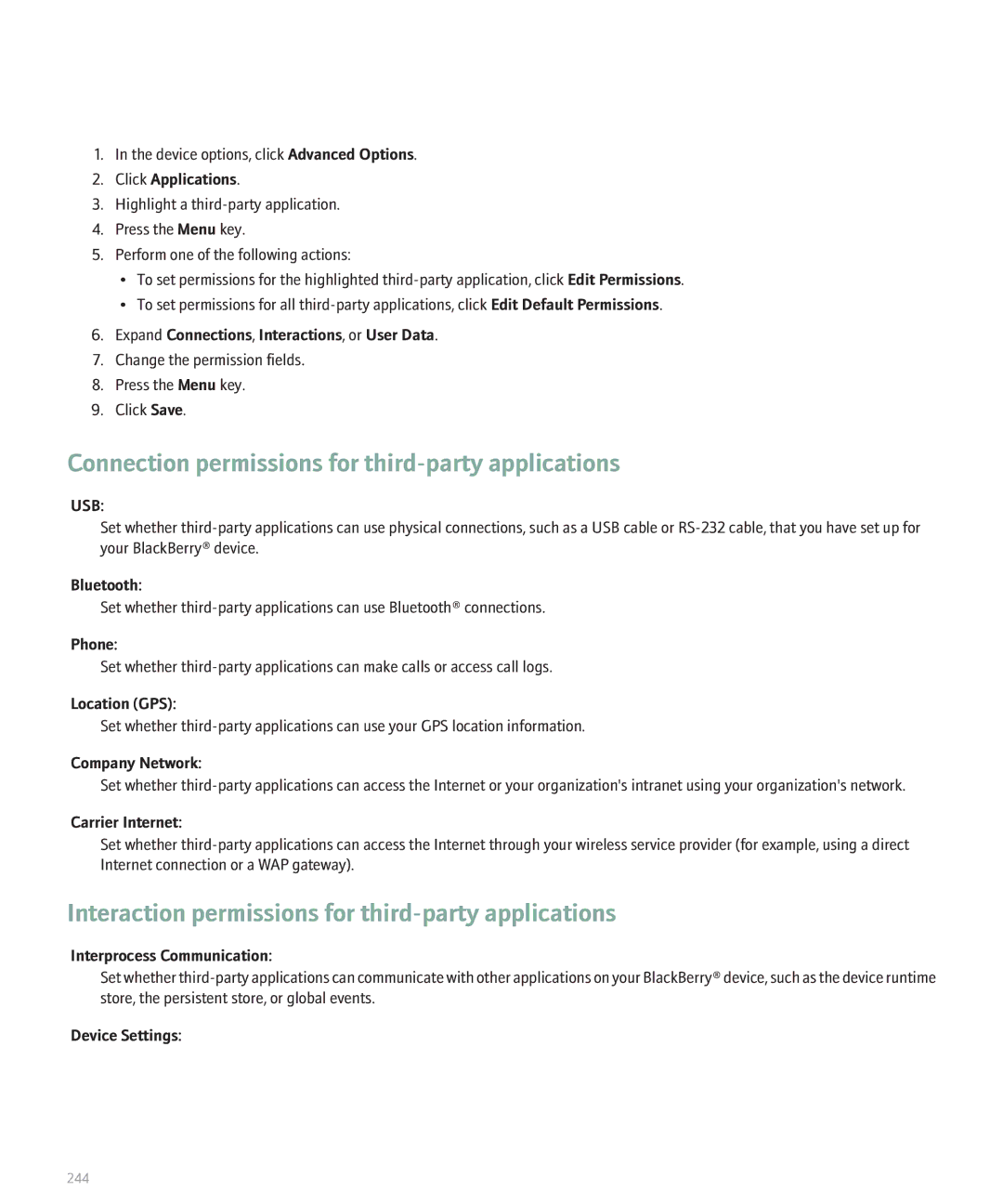 Blackberry 8330 Connection permissions for third-party applications, Interaction permissions for third-party applications 