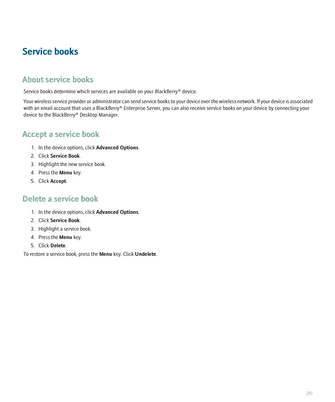 Blackberry 8330 manual Service books, About service books, Accept a service book, Delete a service book, Click Service Book 