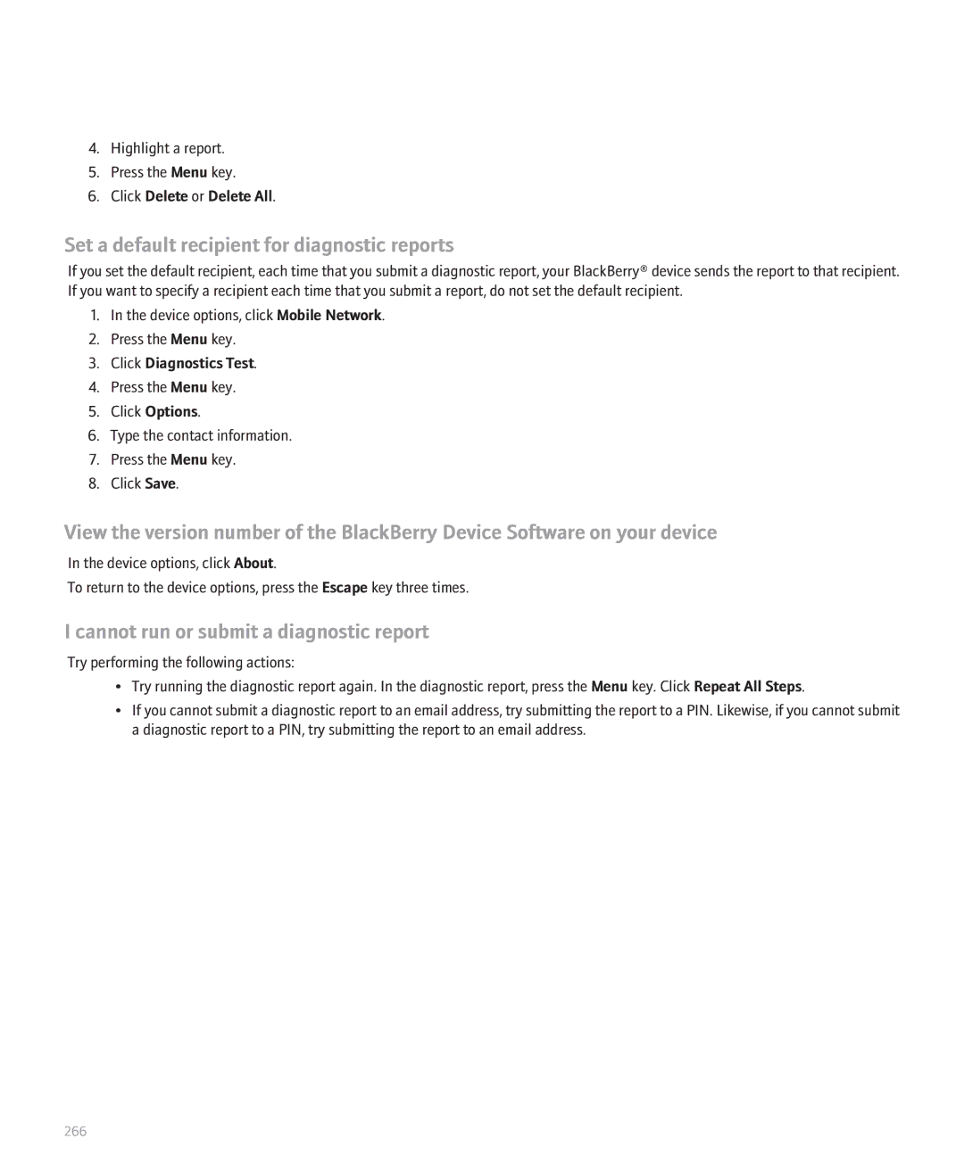 Blackberry 8330 manual Set a default recipient for diagnostic reports, Cannot run or submit a diagnostic report 