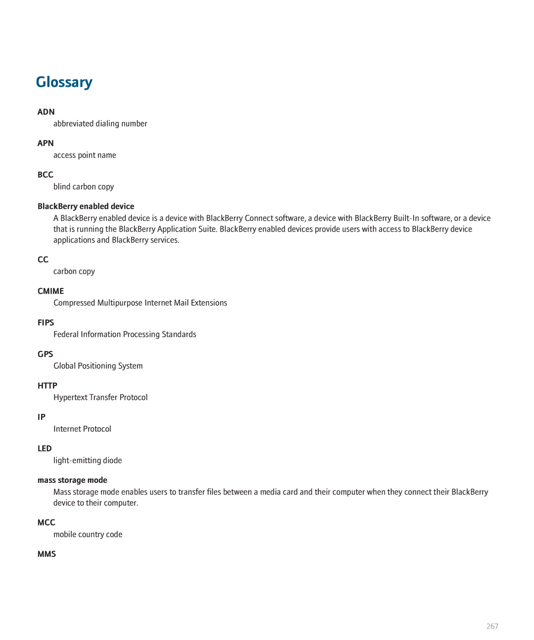 Blackberry 8330 manual Glossary, BlackBerry enabled device, Mass storage mode 