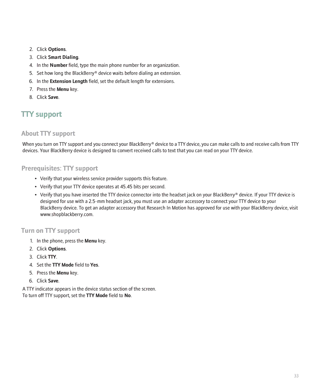 Blackberry 8330 manual About TTY support, Prerequisites TTY support, Turn on TTY support, Click Smart Dialing 