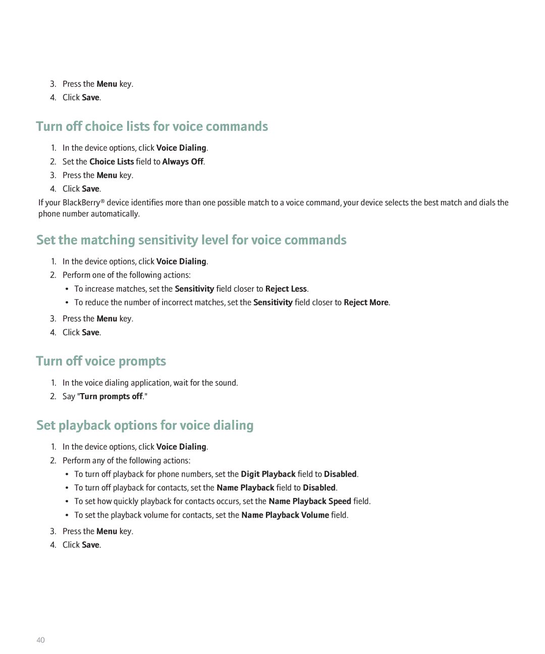 Blackberry 8330 manual Turn off choice lists for voice commands, Set the matching sensitivity level for voice commands 