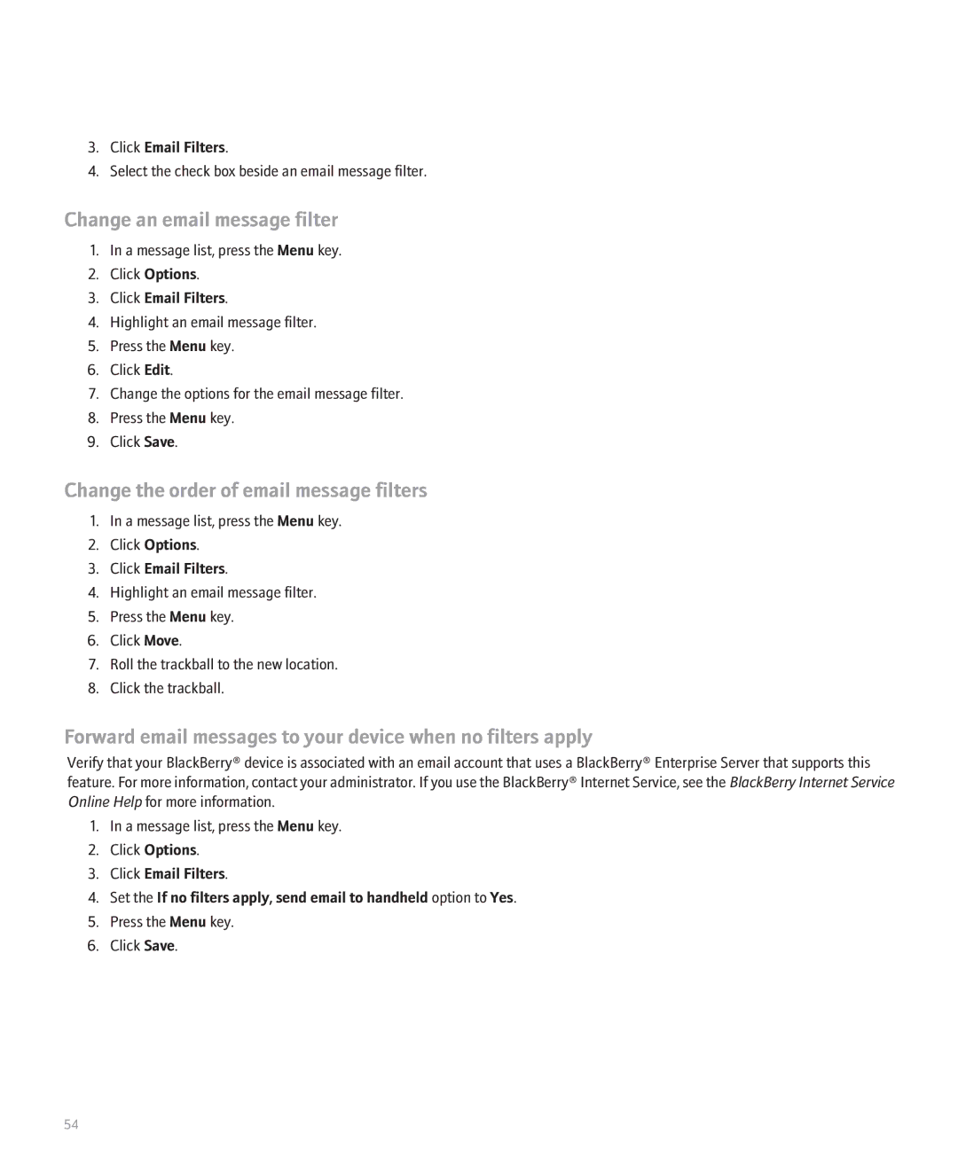 Blackberry 8330 manual Change an email message filter, Change the order of email message filters 